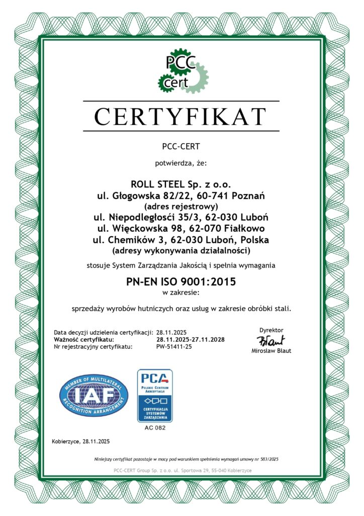 RollSteel - hurtownia stali nierdzewnej | Certyfikaty