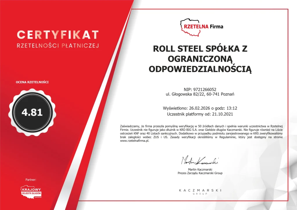 RollSteel - hurtownia stali nierdzewnej | Certyfikaty
